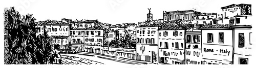 Rome Riverside Old Town Panorama Ink Sketch