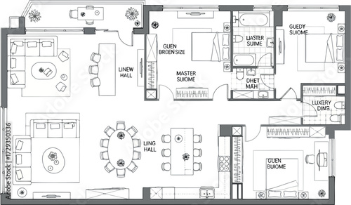 Vector art of floor plan of a luxury apartment with living room, dining room, master bedroom, and guest suite