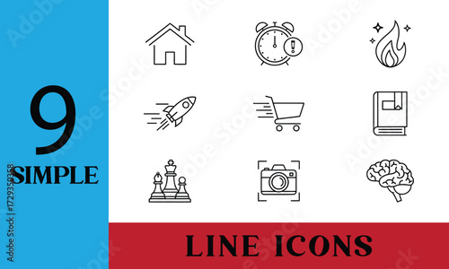 Vector art of collection of 9 simple line icons