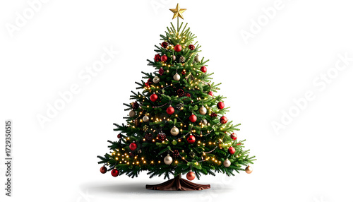 A beautifully decorated Christmas tree, adorned with ornaments and lights, against a white background.