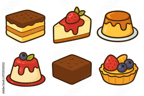 Assortment of delicious sweet desserts, a delightful collection featuring cheesecake, tiramisu, flan, brownie, and a fresh berry tart