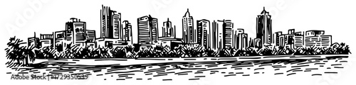 Modern City Waterfront Skyline Hand Drawn Vector