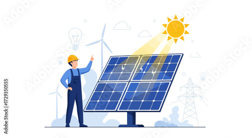 Engineer Examining Solar Panels, Clean Energy, Environmentally Friendly Electricity Production