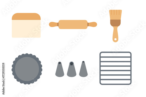 Set of essential baking and pastry tools including dough scraper, rolling pin, pastry brush, tart pan, piping nozzles, and cooling rack