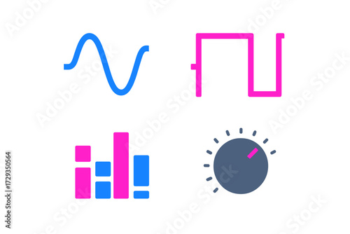 Modern abstract audio signal waveforms, square wave, data visualization bars, and control knob for technology and sound design