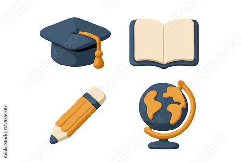 Academic success and global education symbols: graduation cap, open book, pencil, world globe for learning and knowledge