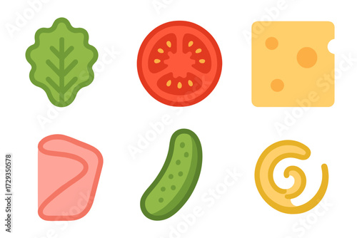 Collection of fresh sandwich ingredients and toppings featuring lettuce, tomato, cheese, ham, pickle, and butter swirl