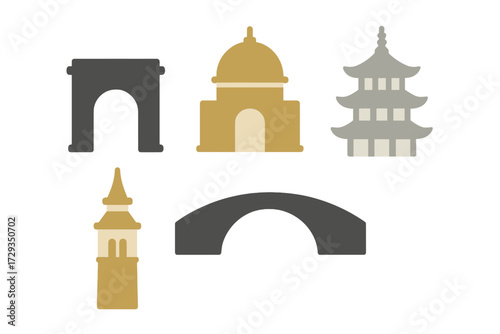 Stylized collection of famous architectural landmarks and global travel destination icons representing historical sites and world heritage