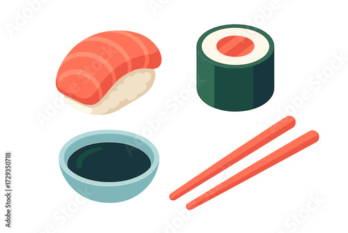 Assortment of fresh sushi, maki roll, soy sauce, and chopsticks representing Japanese cuisine for Asian food