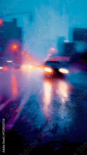 Glossy pavement glistens under dim light as a moving car appears blurred in the rainy atmosphere.