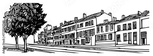 Photos European Row Houses Street Scene Vintage Engraving Vector