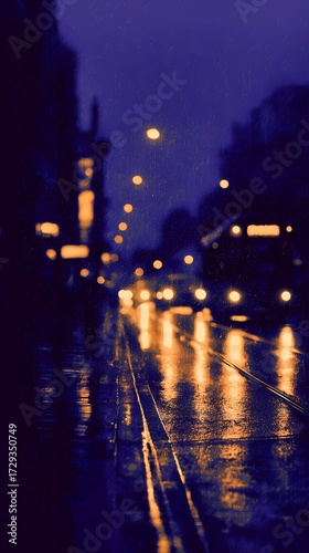 Rain-covered asphalt reflects lights while a car passes by, creating a dramatic and atmospheric street view.