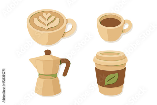 Stylized coffee cups, latte art, espresso mug, and traditional moka pot with a takeaway cup in a charming paper cut style