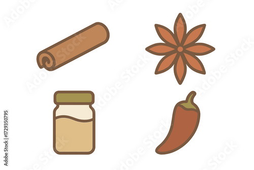 Collection of aromatic spices and food ingredients including cinnamon star anise chili pepper and a jar