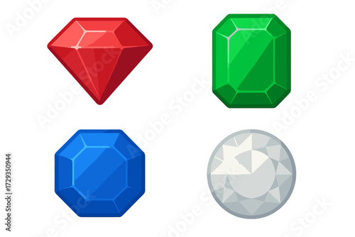 Collection of colorful faceted gemstones in various shapes and cuts isolated on a clean white background
