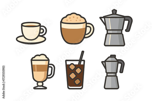 Set of different coffee types and brewing tools including hot espresso, frothy cappuccino, layered latte, refreshing iced coffee, and classic Moka pots