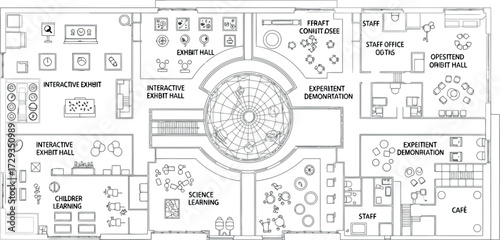 Vector art of government building floor plan with dome, offices, and conference rooms