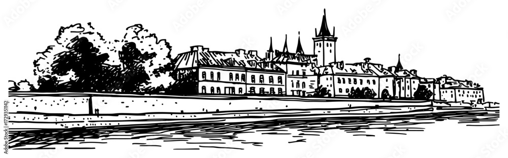 Naklejka premium Prague Old Town Riverside Engraved Vector