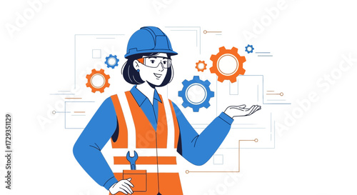 Female engineer with gears demonstrating technical concepts and innovation