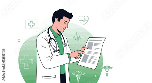 Doctor Analyzing Diagnosis Report in Medical Setting with Stethoscope and Icons Present