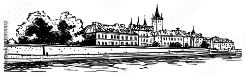 Prague Old Town Riverside Engraved Vector