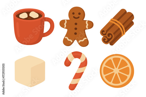 Cozy winter holiday treats and spices collection with gingerbread man, hot chocolate, candy cane, cinnamon, and orange