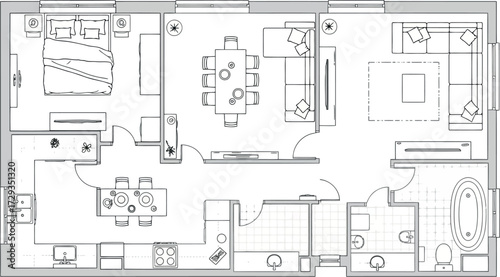 Vector art of residential floor plan blueprint with living room, bedroom, and kitchen
