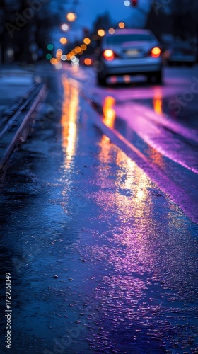 Rain-covered asphalt reflects lights while a car passes by, creating a dramatic and atmospheric street view.