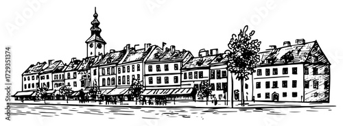 Historic Riverside Town with Church and Waterfront