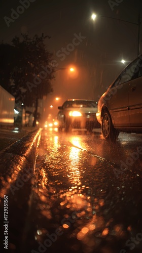 Rain-covered asphalt reflects lights while a car passes by, creating a dramatic and atmospheric street view.