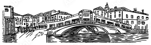 Rialto Bridge Venice Canal Panorama Line Art Vector