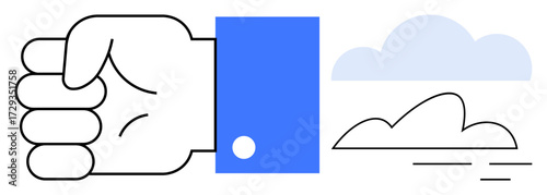 Clenched fist paired with minimal clouds and motion lines. Ideal for strength, resolve, action, motivation, decision-making, contemplation, and balance. Clean simple flat metaphor