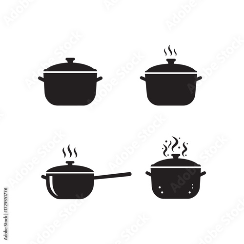 Collection of four silhouette cooking pots steaming delicious food kitchenware icons