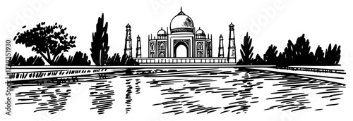 Taj Mahal With Reflecting Pool Vintage Engraving Vector
