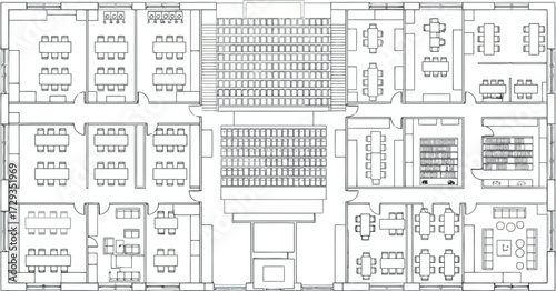 Vector art of architectural drawing of a multistory building with classrooms, offices, library, and study areas
