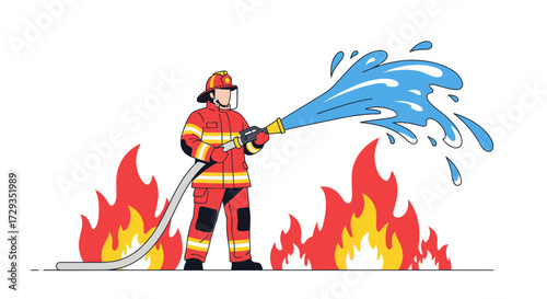 Firefighter Extinguishing Flames with Water from a Hose, Vector Illustration for Safety