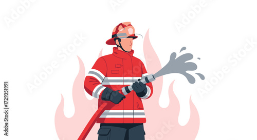 Firefighter Extinguishing Flames with Water Hose in Protective Gear and Uniform Design