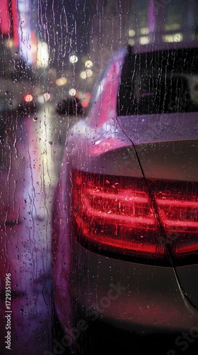 Rain-covered asphalt reflects lights while a car passes by, creating a dramatic and atmospheric street view.