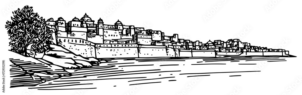 Naklejka premium Coastal Hilltop Fortress and Old Town Line Art Vector