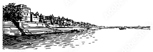 Riverside Indian Ghats and Town Vintage Engraving Vector