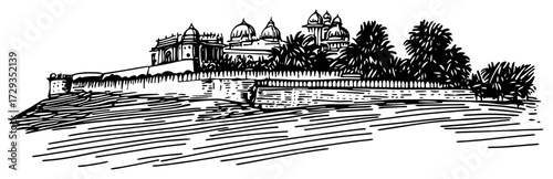 Lakeside Indian Palace and Gardens Vintage Engraving Vector