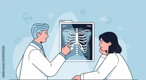 Doctor Inspecting X-Ray With Patient Interpreting Medical Diagnostic Insight