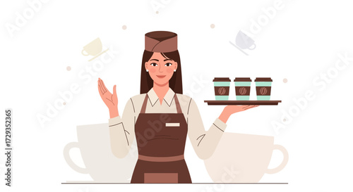 Friendly waitress serving coffee on tray in a modern coffee shop setting