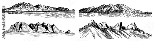 Mountain Ranges Panorama Engraved Vector
