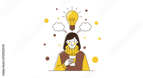 Happy woman having an idea represented by lightbulb symbolizing brainstorming moment
