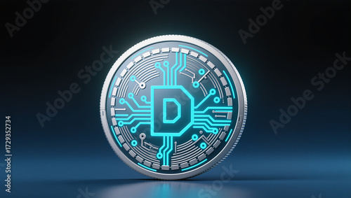 Digital coin featuring glowing circuitry against a dark backdrop