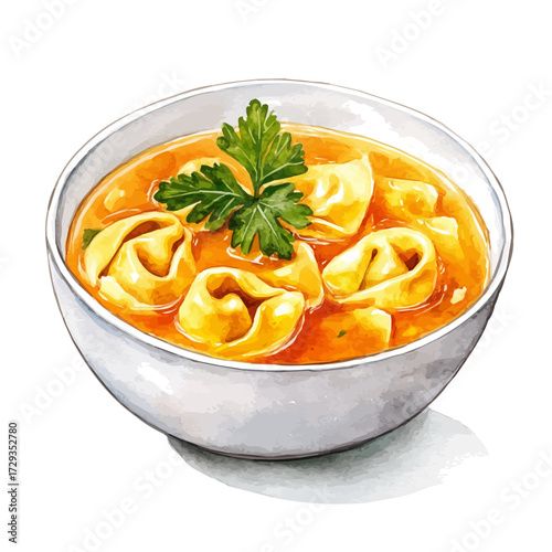 watercolor of Tortellini In Broth, vector, isolated on a white background.
