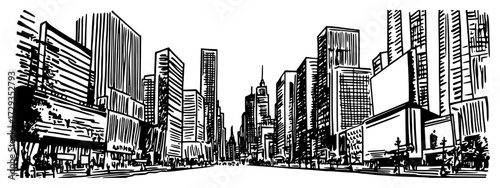 Wide Avenue Cityscape with Skyscrapers Perspective