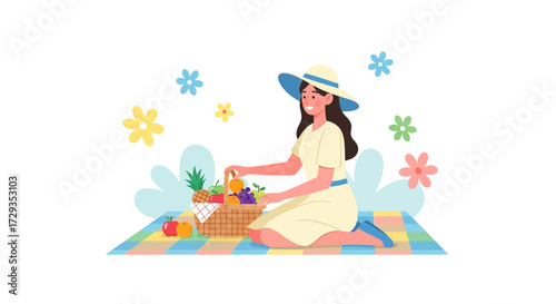 Enjoying A Sunny Picnic: A Woman's Delightful Summer Moment On The Meadow