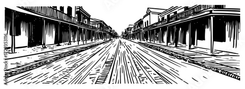 Old Western Town Main Street Panorama Line Art Vector